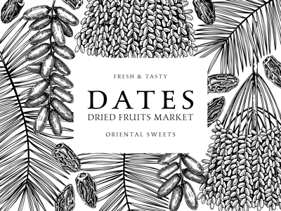 Sketched frame design with date palm leaves and dried fruits illustrations in engraved style. Hand drawn vegan food ingredients vector background. Oriental sweets sketches - dried dates banner 